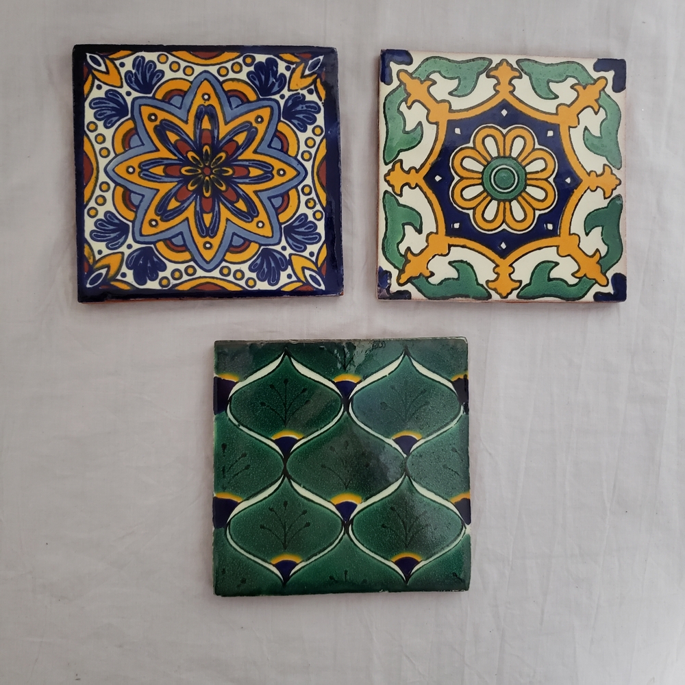 Three Colorful Mexican Ceramic Tile Drink Coasters Handcrafted